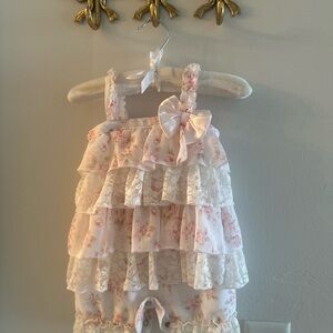 Girls Pink Floral Lace Ruffle Romper with Bow